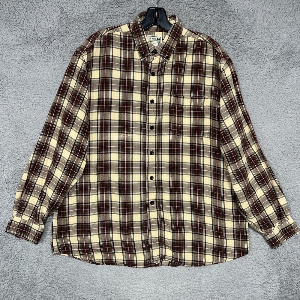 VTG LL Bean Shirt Men's Size L Brown Scotch Plaid Flannel Pocket Button Down